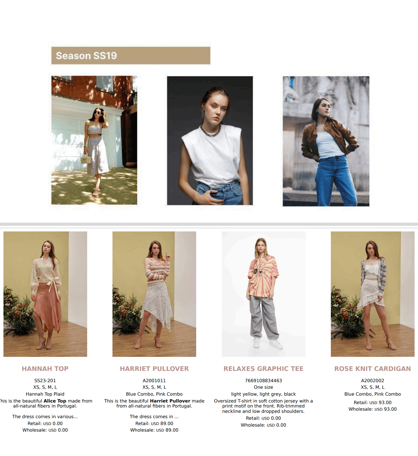 Linesheet example for women wear