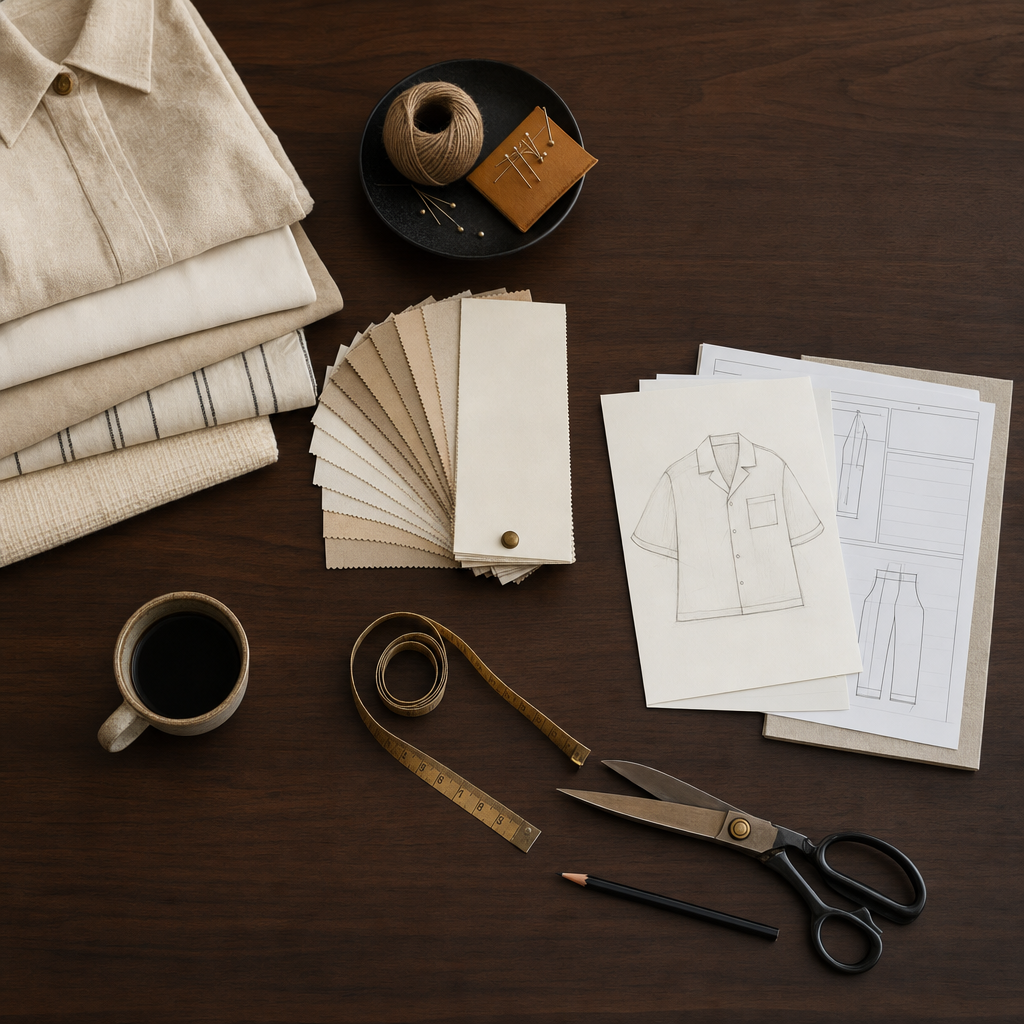 An apparel-brand operations workspace: folded garment samples, fabric swatches, tech packs, dressmaker shears, all arranged in deliberate order on a walnut studio table