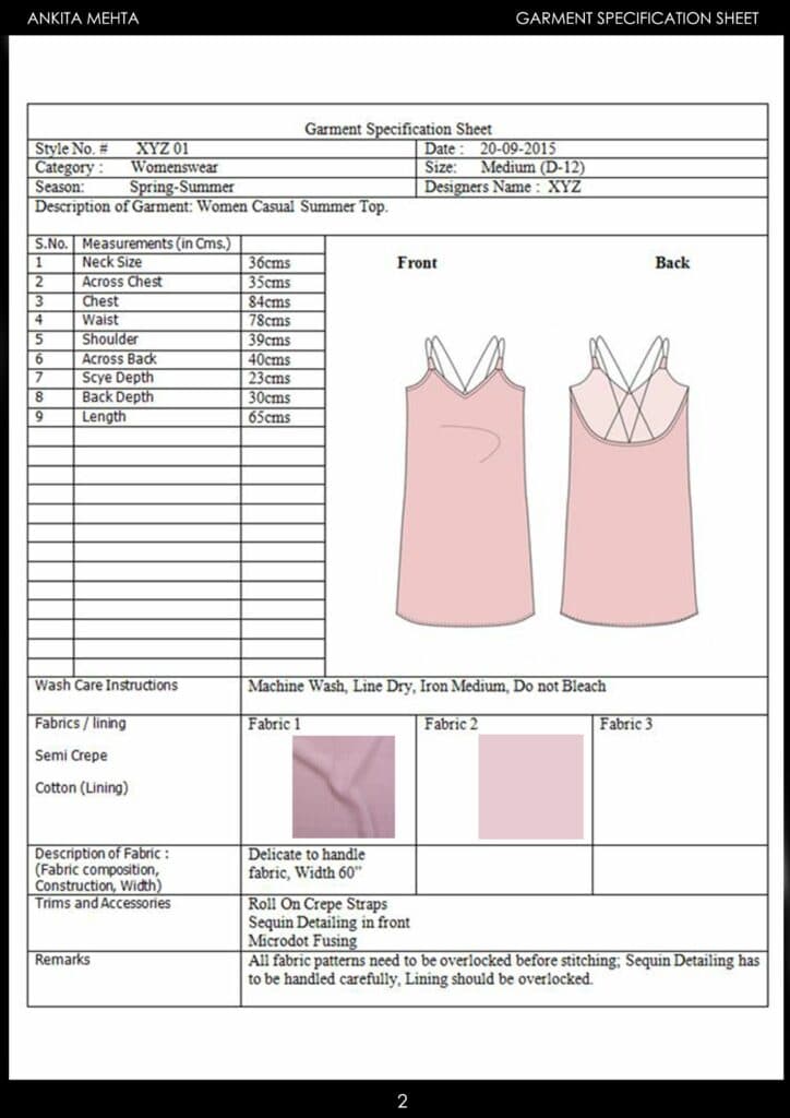 spec sheet garment
